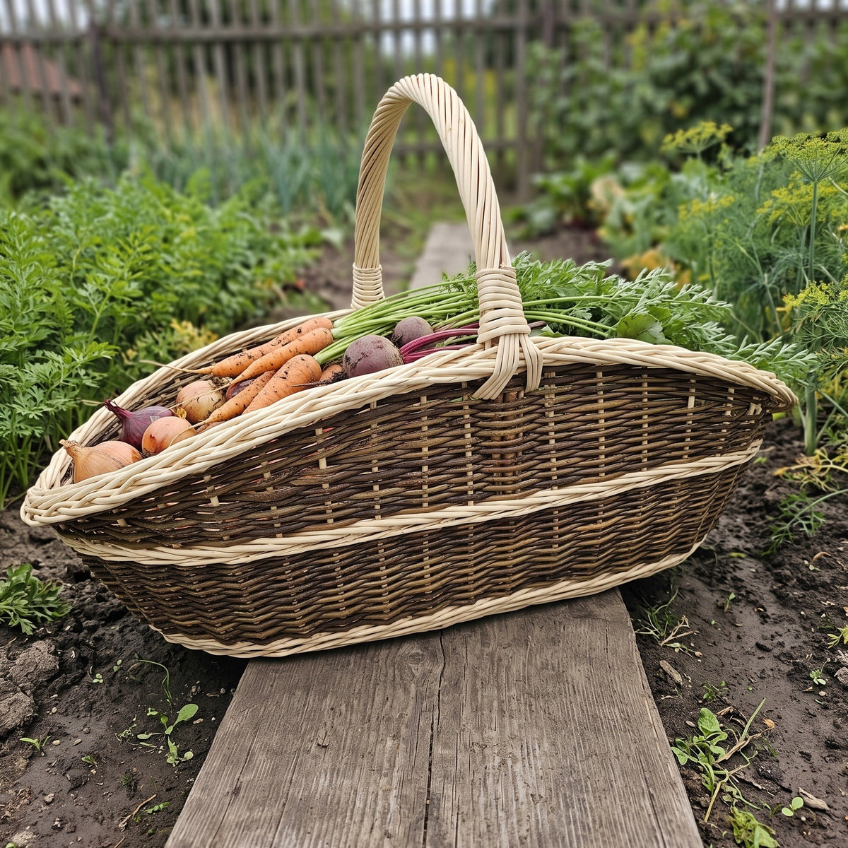 Extra large garden trug basket with a twisted handle, handwoven from willow and filled with carrots and beetroot on a plank between vegetable beds.