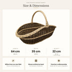 Size chart for the extra large handwoven willow garden trug showing 64 cm length, 35 cm width and 22 cm height without handle.