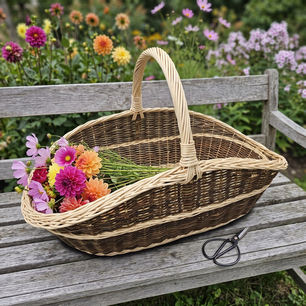 Garden trug woven from willow holding a bunch of dahlias and cosmos on a weathered bench in a flower garden, with scissors beside it.
