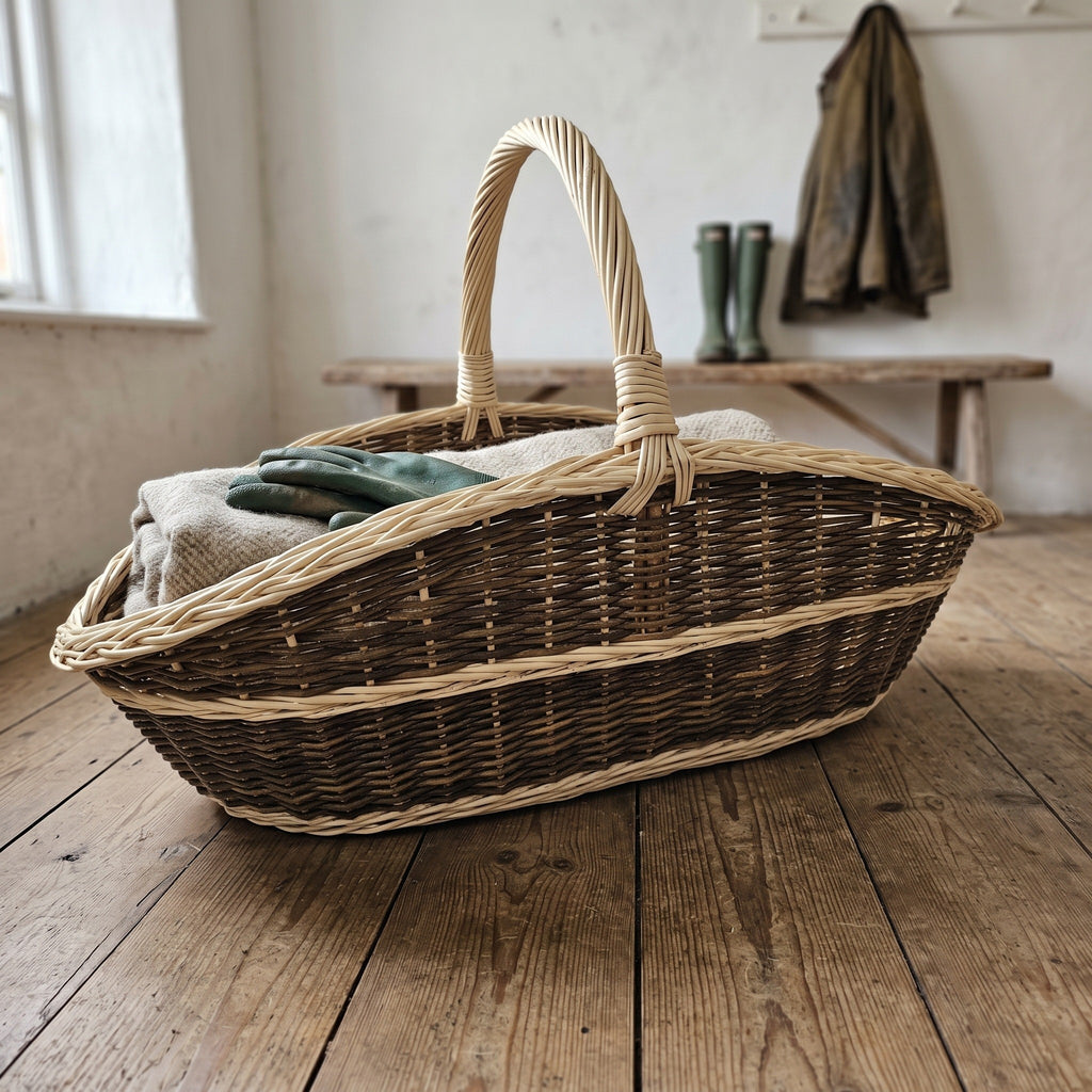 Extra large wicker basket with a handle holding a folded blanket and gardening gloves on a wooden floor in a hallway by rubber boots.