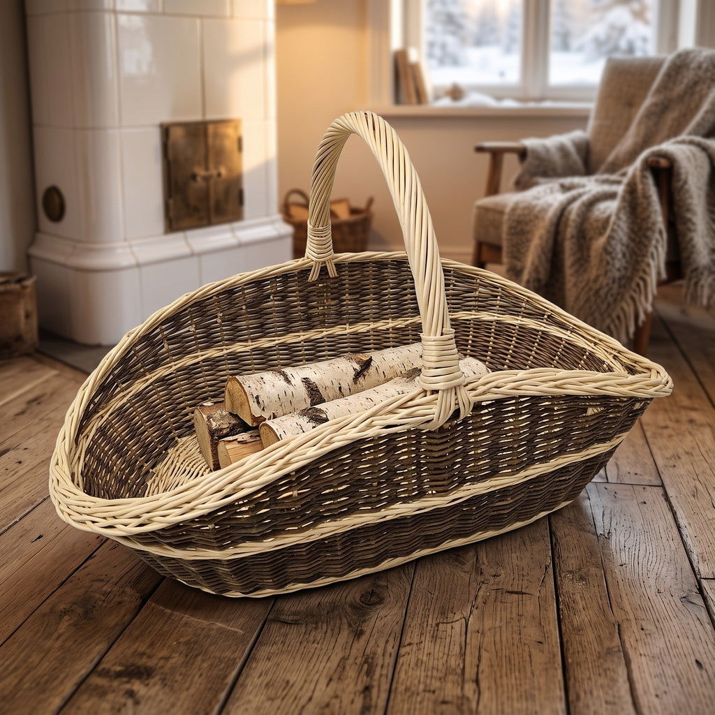 Handwoven willow trug used as a firewood basket, filled with birch logs on a plank floor beside a tiled stove and an armchair.