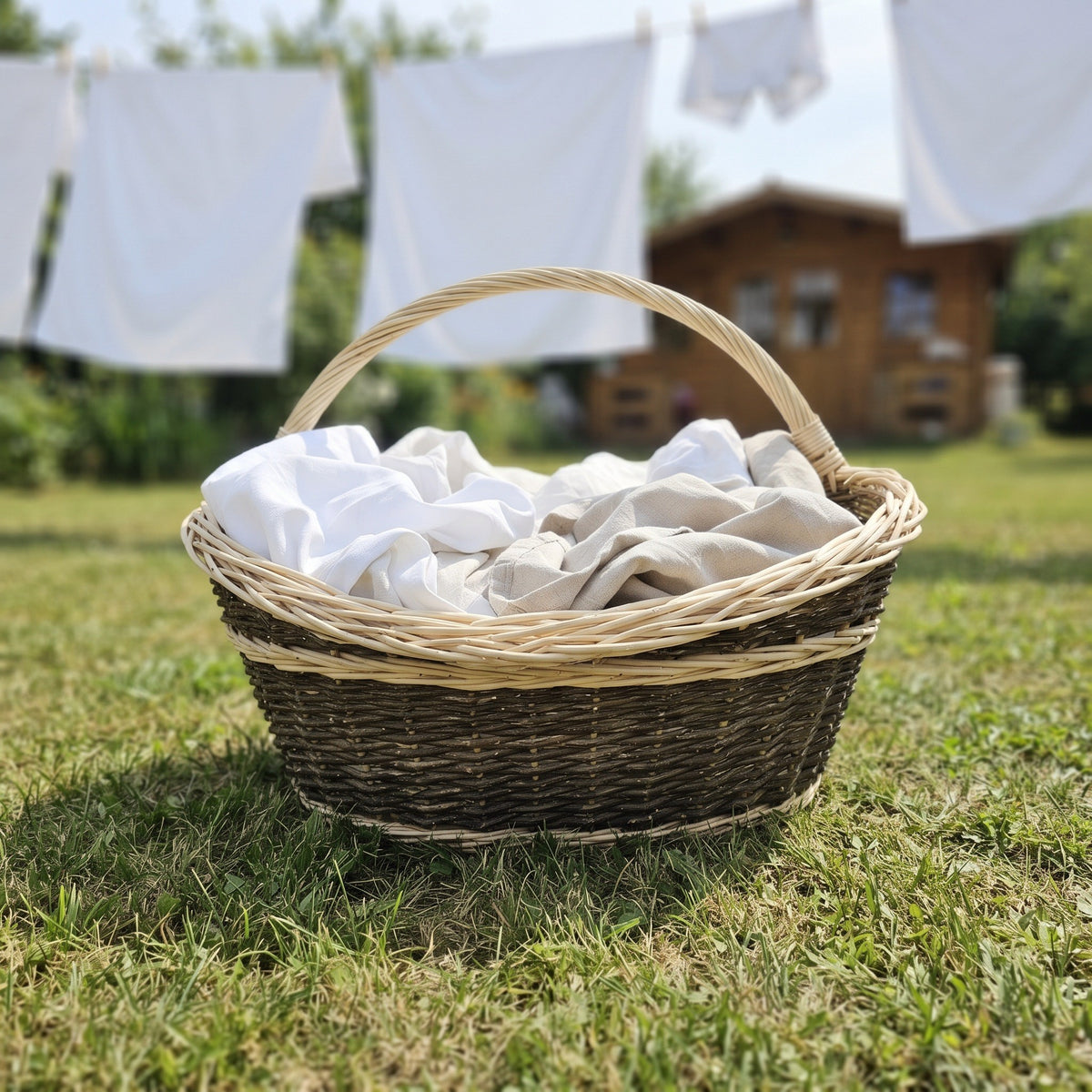 Wicker harvest carrier filled with white laundry on a sunny lawn, with linen drying on a washing line in front of a garden house.