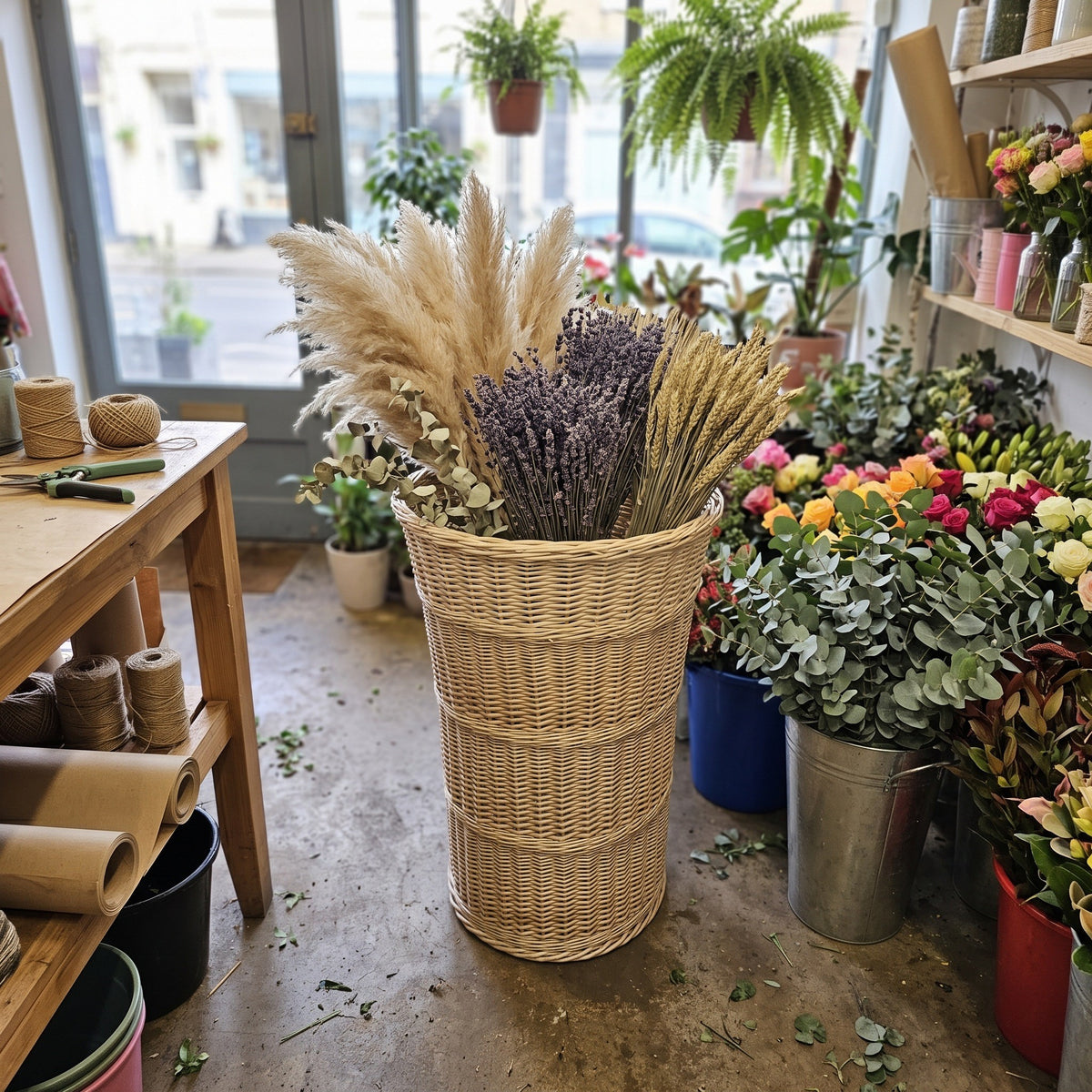 Tall round wicker floor basket filled with dried pampas grass, lavender and wheat as a display in a florist shop