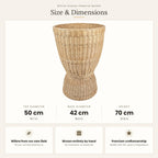 Size chart for the tall willow display basket showing 50 cm top diameter, 42 cm base diameter and 70 cm height