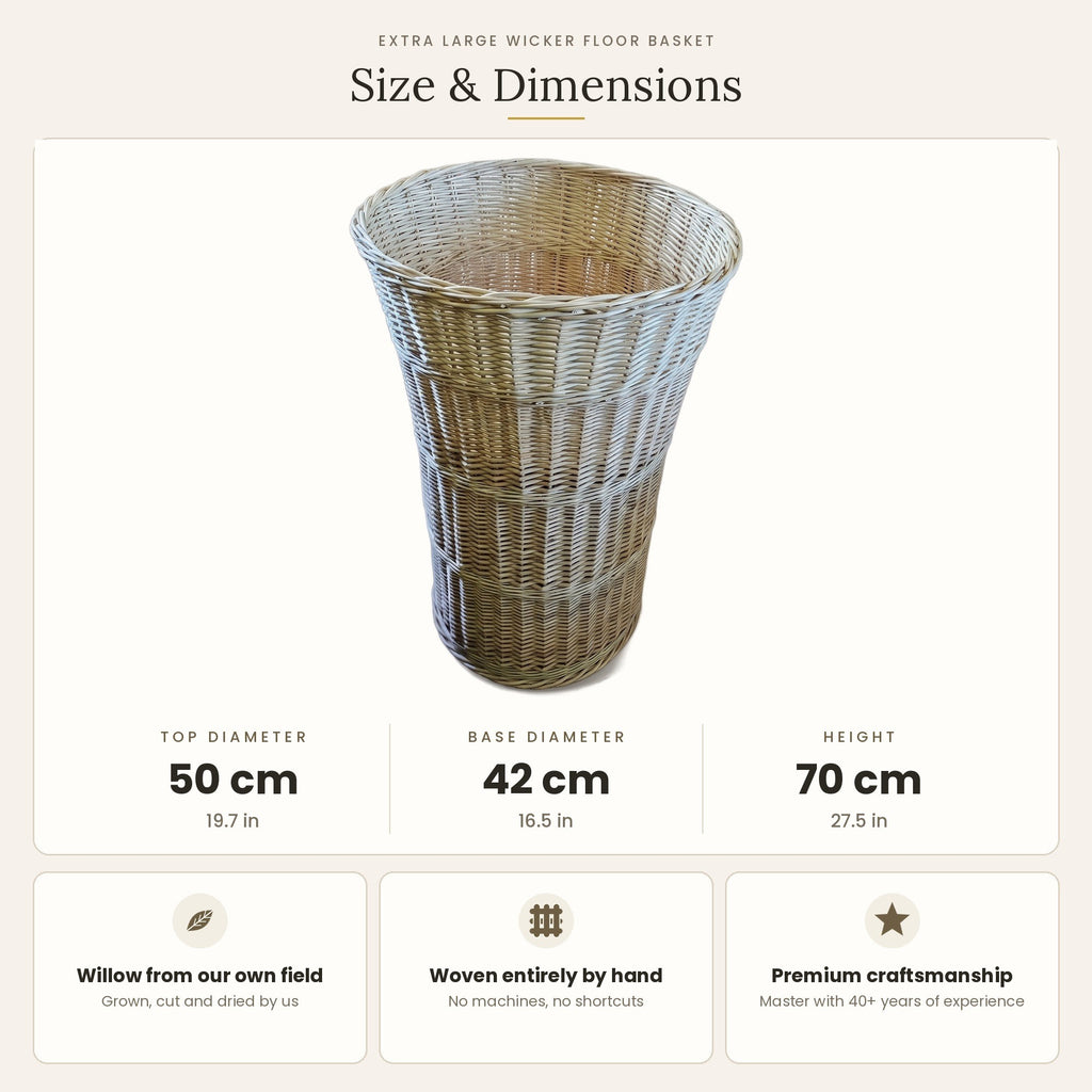 Size chart for the extra large wicker floor basket showing 50 cm top diameter, 42 cm base diameter and 70 cm height