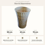 Size chart for the extra large wicker floor basket showing 50 cm top diameter, 42 cm base diameter and 70 cm height