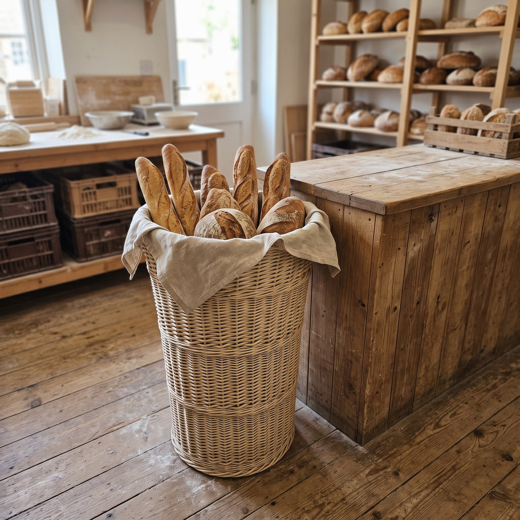 Extra large wicker floor basket lined with linen and filled with baguettes and loaves as a display in a bakery