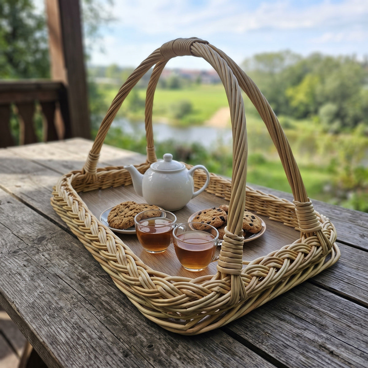 Handwoven willow serving tray with a wooden base, braided rim and two arched handles, holding a teapot, tea glasses and cookies on an outdoor table