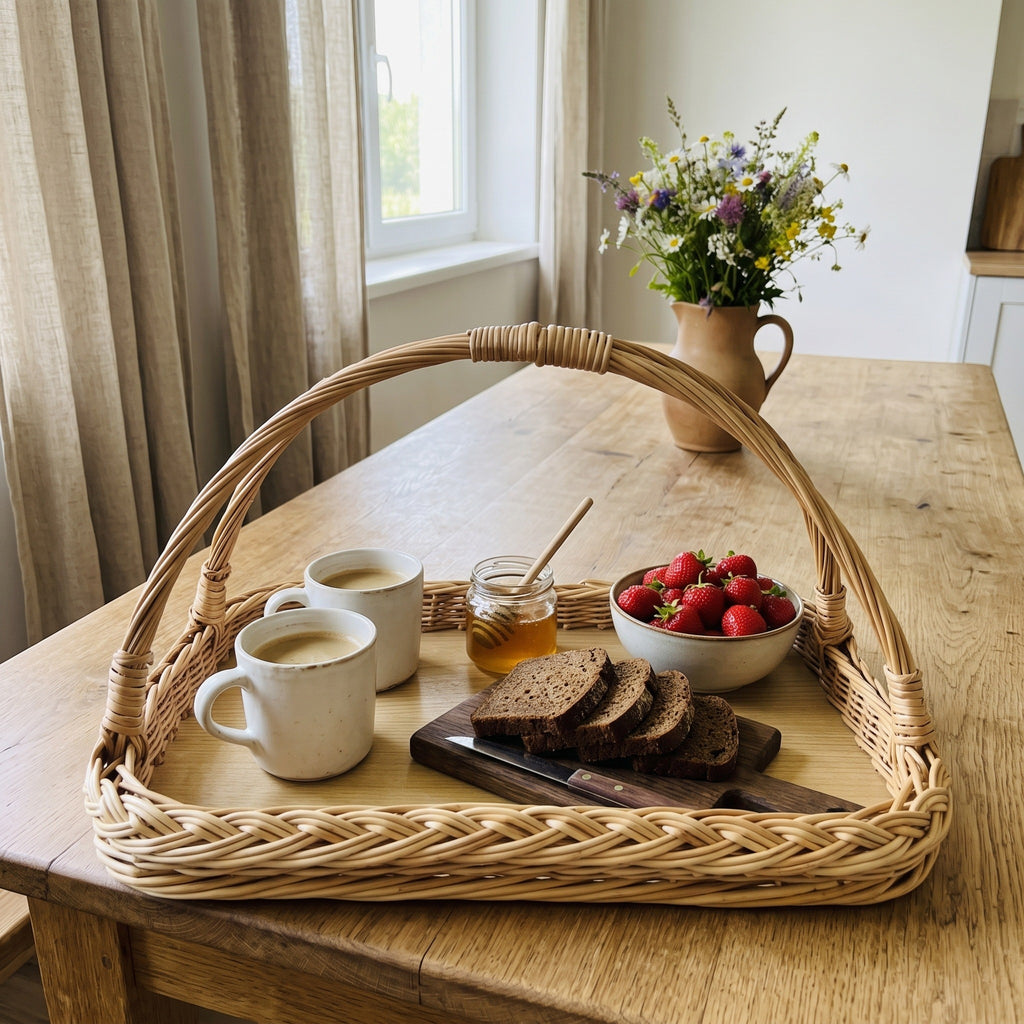 Handwoven willow wicker tray with handles and a wooden base, set with coffee mugs, honey, strawberries and rye bread on a farmhouse kitchen table