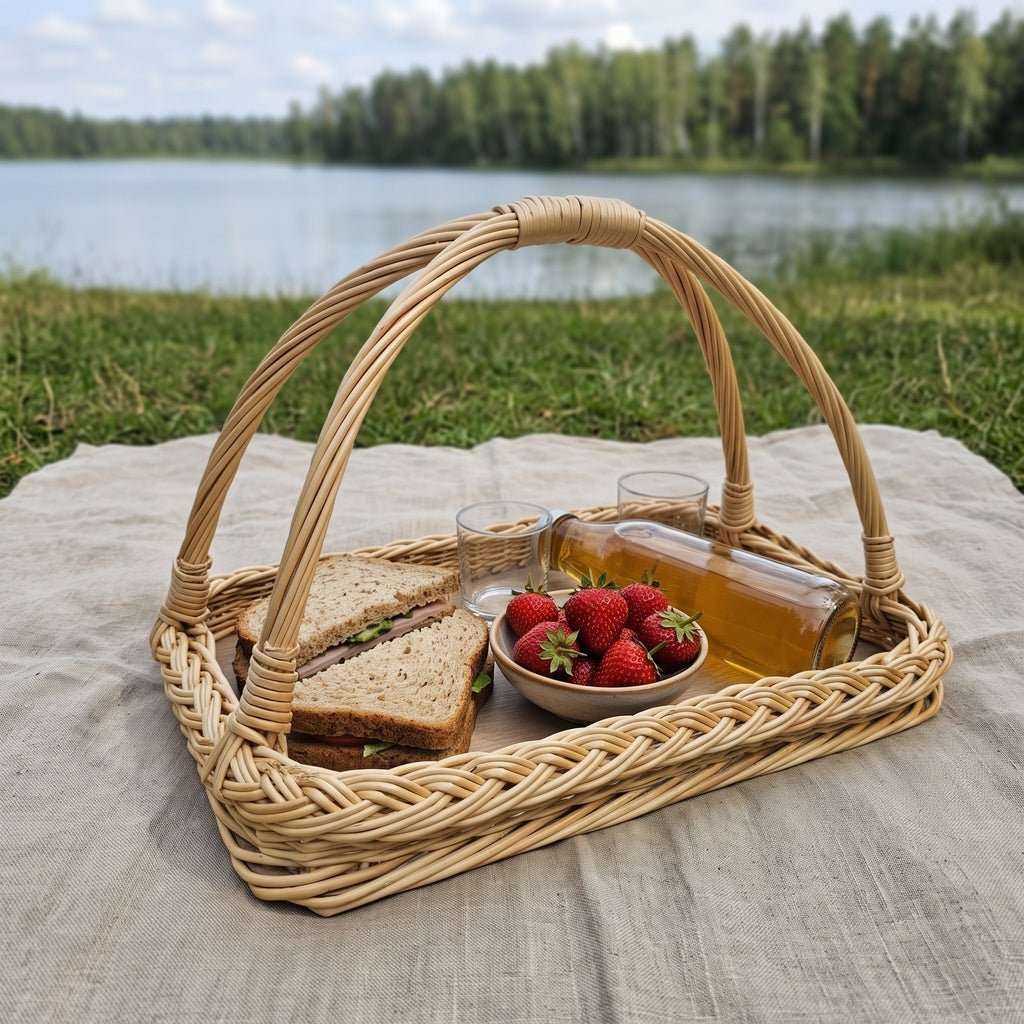Willow picnic serving tray with two arched handles meeting above the centre, carrying sandwiches, strawberries and a bottle of tea on a linen blanket by a lake
