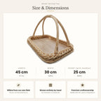 Size chart for the handwoven willow wicker tray with handles showing 45 cm length, 30 cm width and 25 cm height with handles