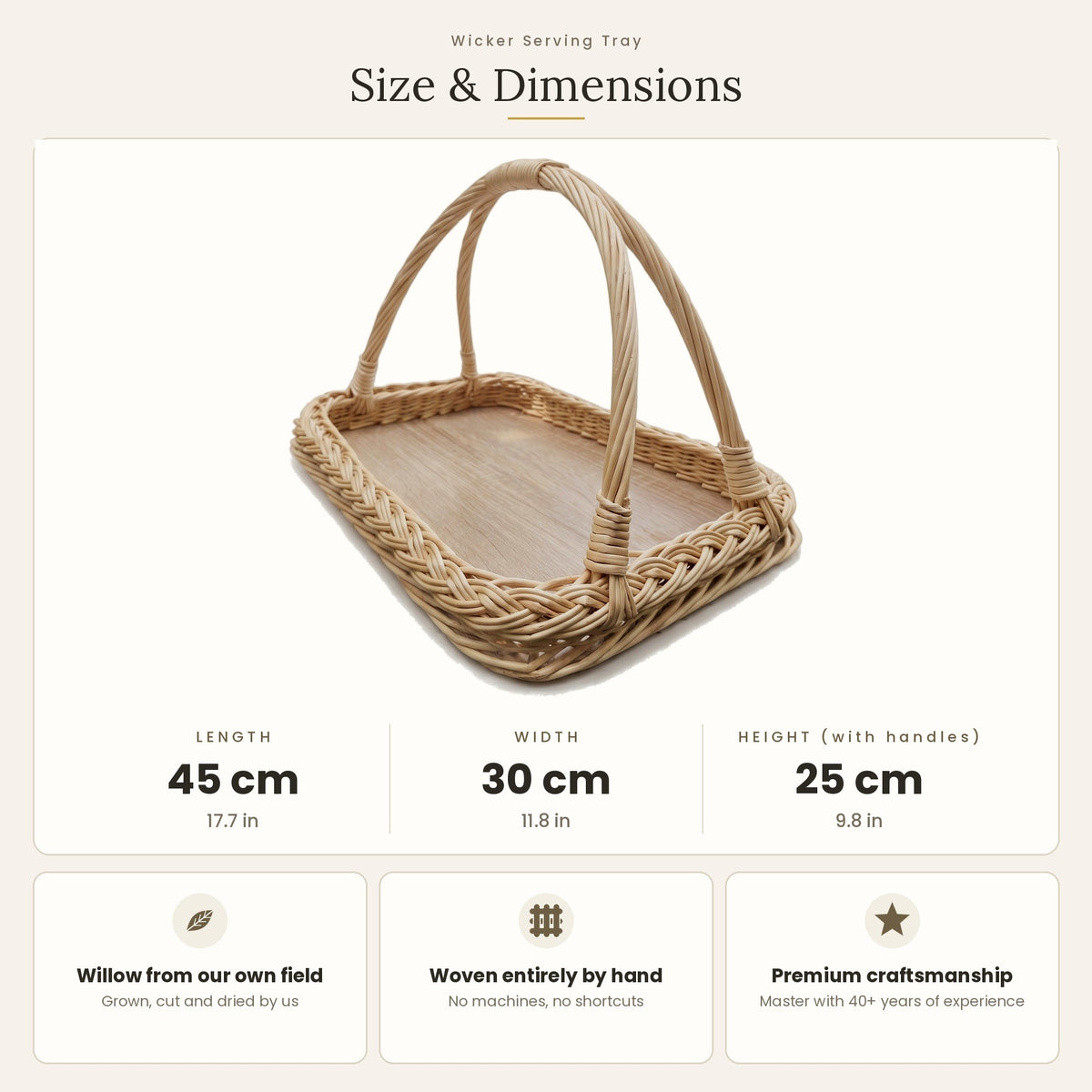 Size chart for the handwoven willow wicker tray with handles showing 45 cm length, 30 cm width and 25 cm height with handles