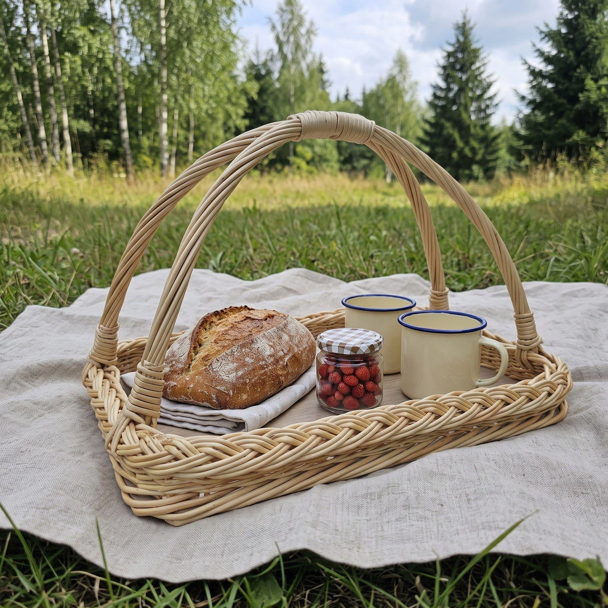Wicker picnic tray handwoven from willow with a loaf of bread, a jar of berries and enamel mugs on a linen cloth in a forest clearing