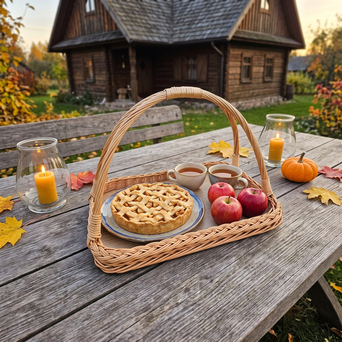 Willow serving tray with handles holding an apple pie, red apples and tea cups on a garden table outside a wooden country house in autumn