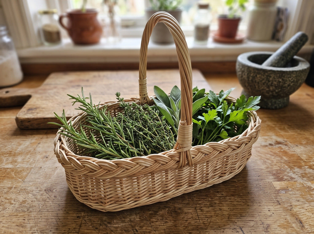 Willow herb basket trug with handle filled with fresh rosemary, thyme and sage on a kitchen table with a mortar and pestle