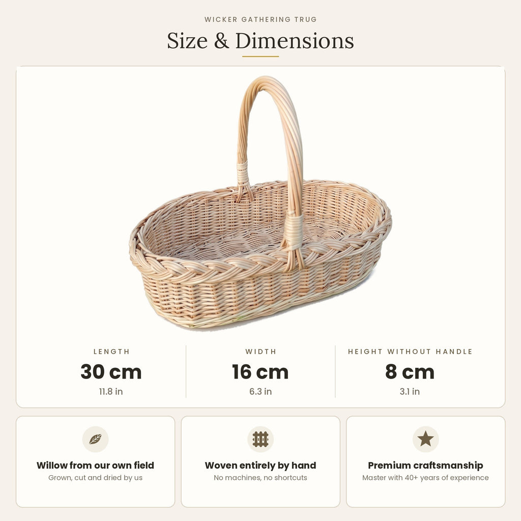 Size chart for the wicker flower gathering trug showing 30 cm length, 16 cm width and 8 cm height without handle