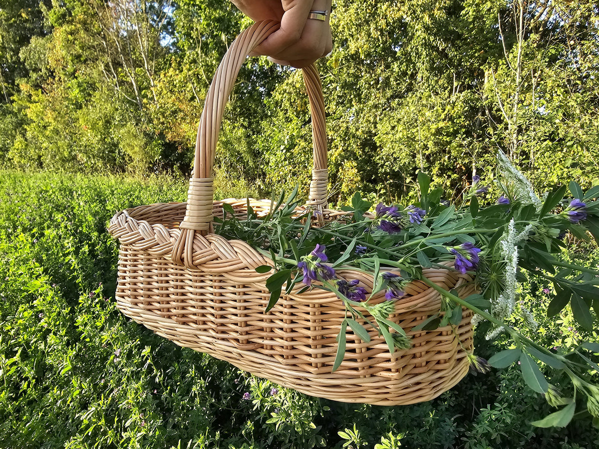 Oval handwoven wicker trug with a braided rim holding green stems and small purple flowers, the vertical and horizontal willow rods clearly visible.
