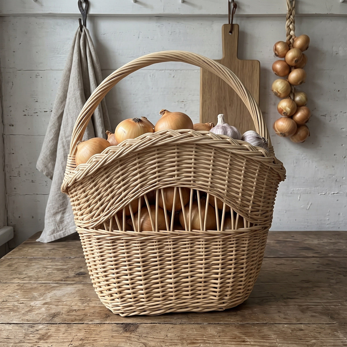 Tall handwoven willow basket with an arched handle and open-work front band, filled with onions and garlic on a rustic kitchen table