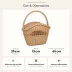 Size chart for the tall handwoven willow basket with handle showing 39 cm length, 19 cm width and 40 cm height with handle