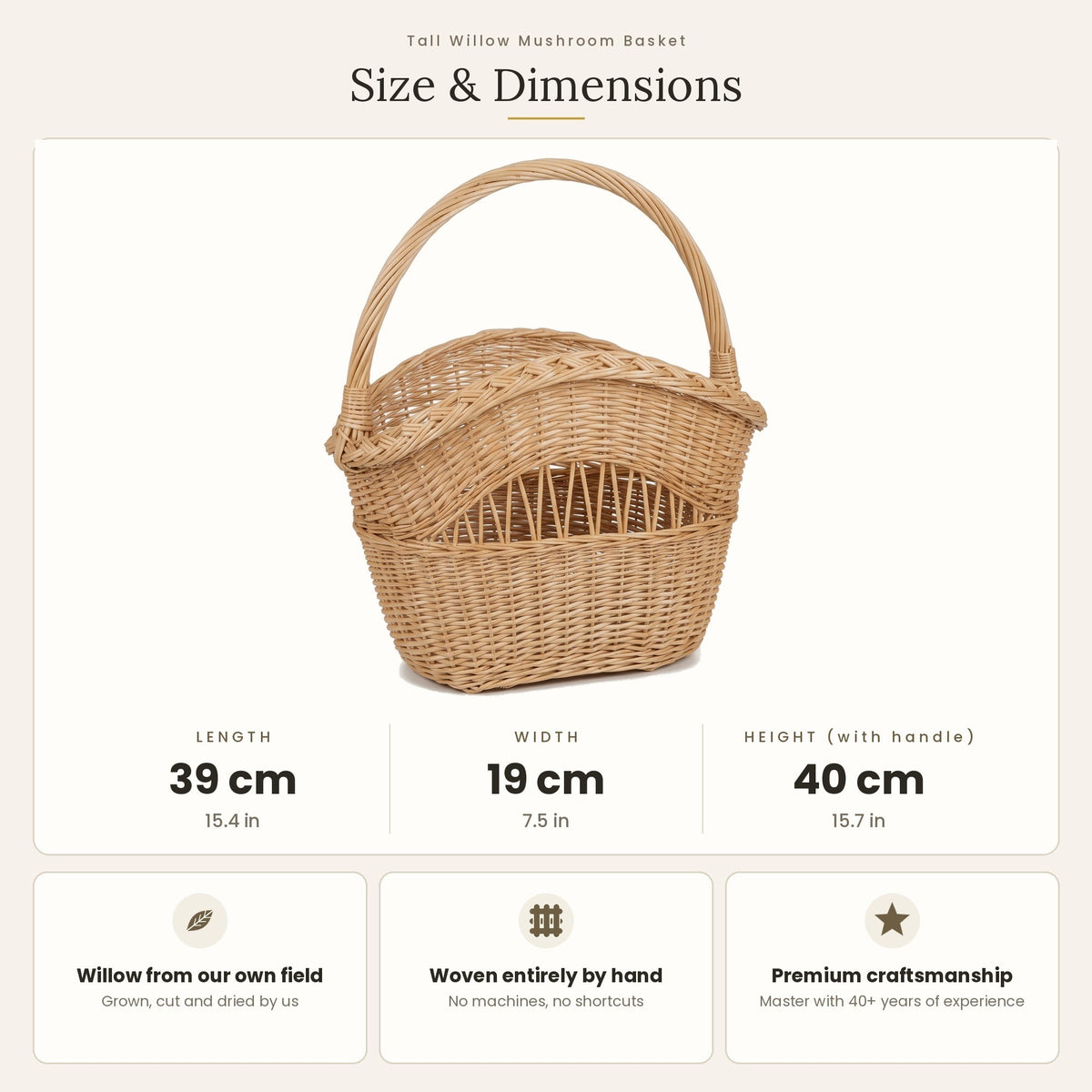 Size chart for the tall handwoven willow basket with handle showing 39 cm length, 19 cm width and 40 cm height with handle