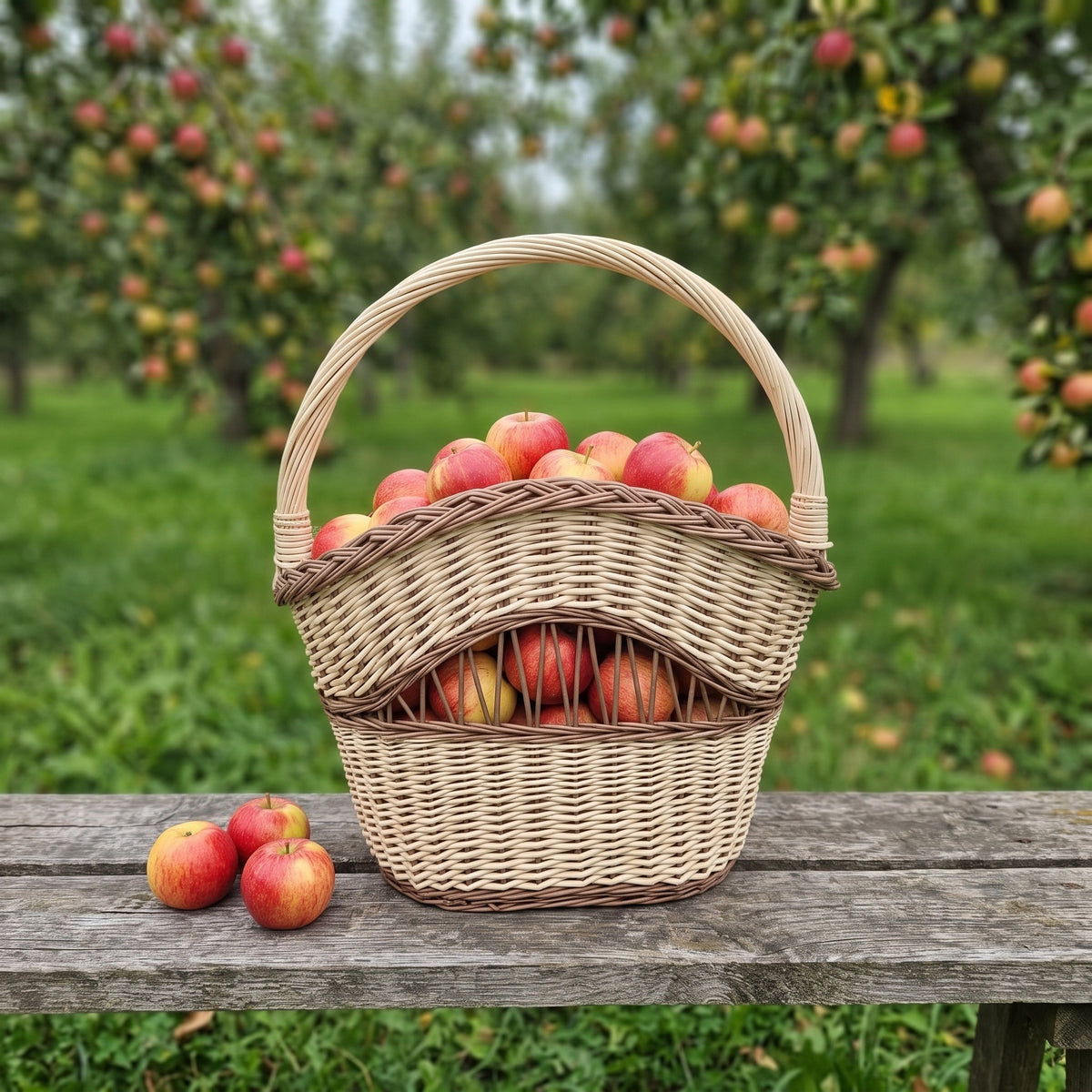 Handwoven willow apple basket with an arched handle and open-work front, filled with fresh apples on a bench in an orchard