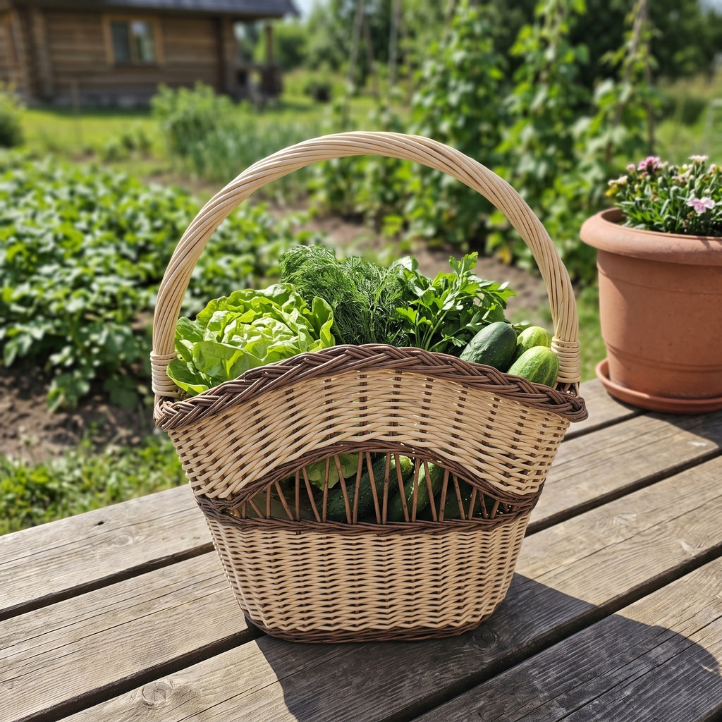 Decorative willow vegetable basket with handle holding lettuce, dill and cucumbers on a garden table beside a vegetable patch