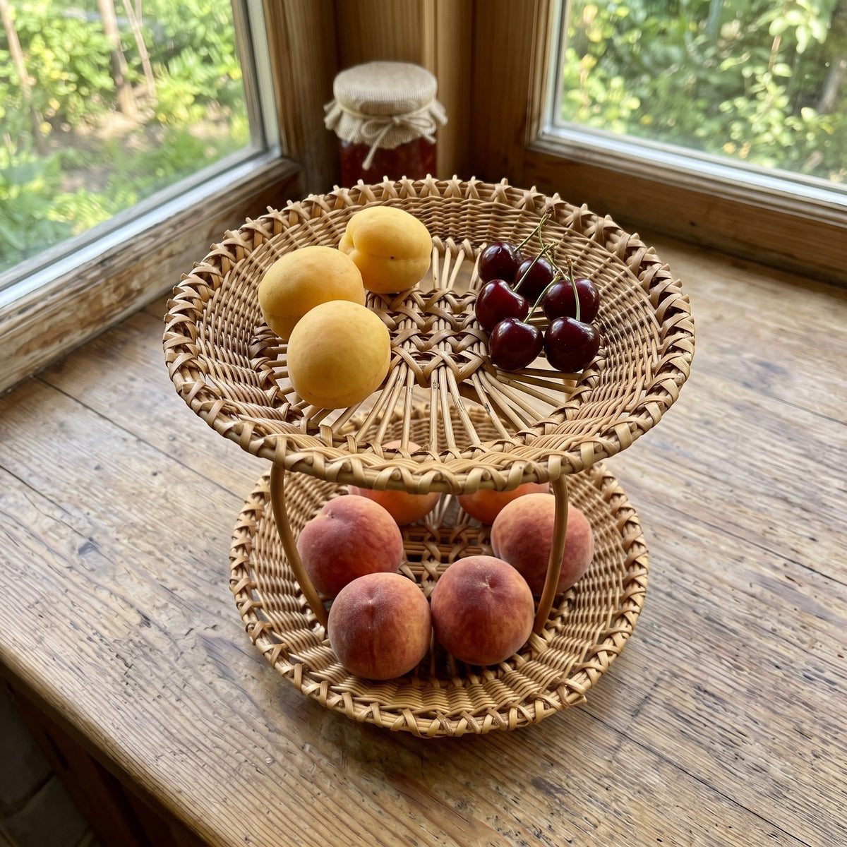 Two-tier wicker fruit basket stand holding apricots, cherries and peaches on a wooden windowsill beside a jar of jam