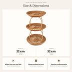 Size chart for the three-tier wicker fruit basket stand showing 22 cm width and 32 cm height
