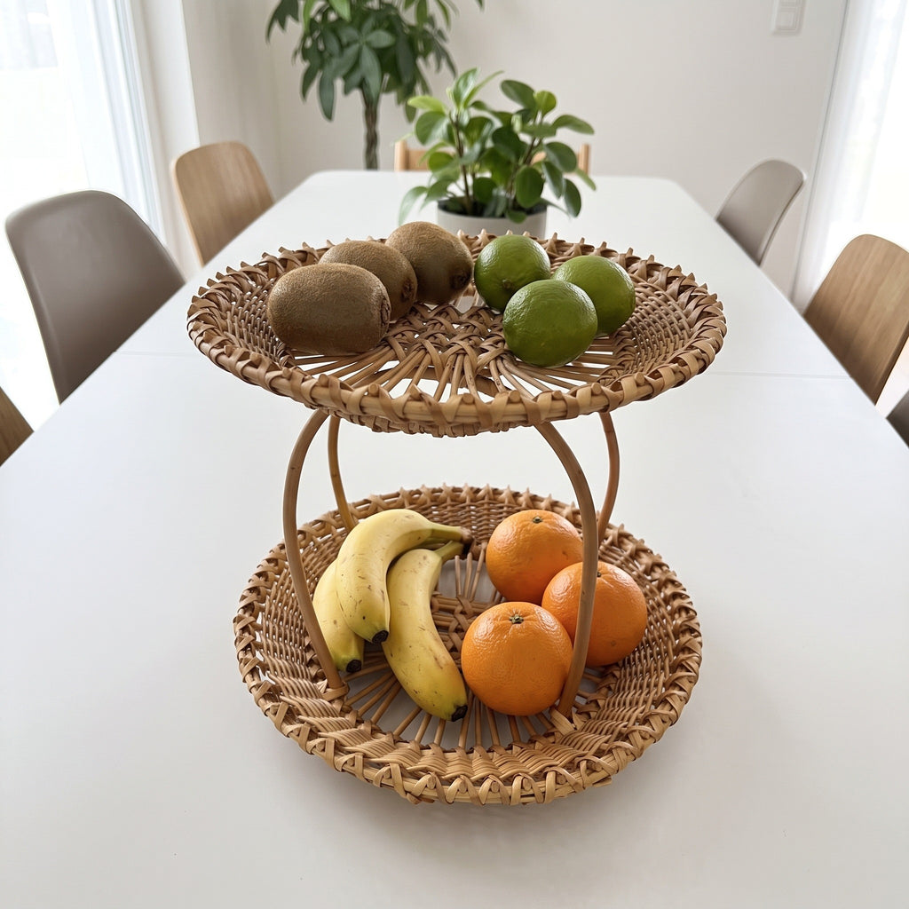 Two-tier wicker fruit stand with kiwis and limes on the top tray and bananas and oranges below on a white dining table