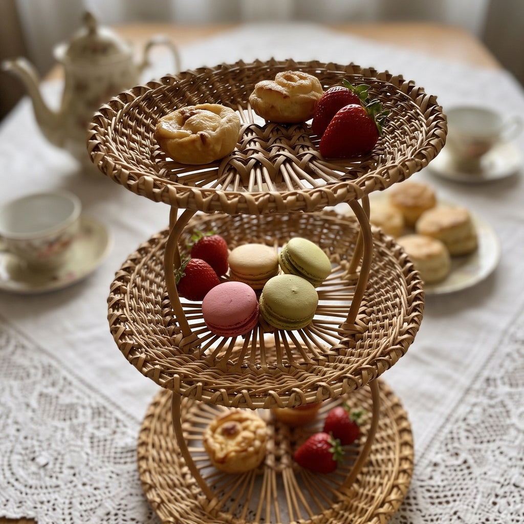 Three-tier willow cake stand serving pastries, strawberries and macarons on a lace tablecloth for afternoon tea