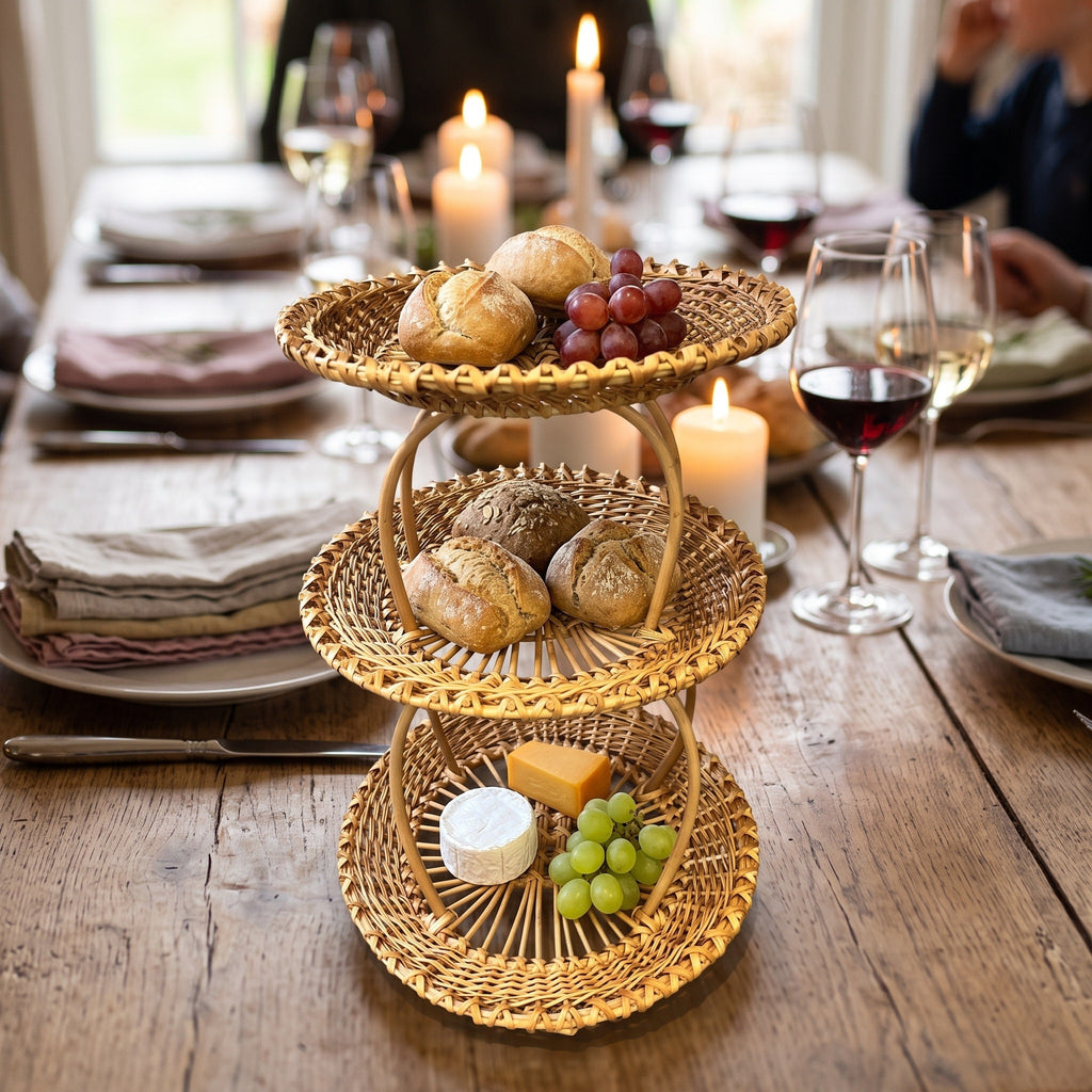 Three-tier willow serving stand with bread rolls, red grapes, cheese and green grapes on a candlelit dinner table with wine glasses