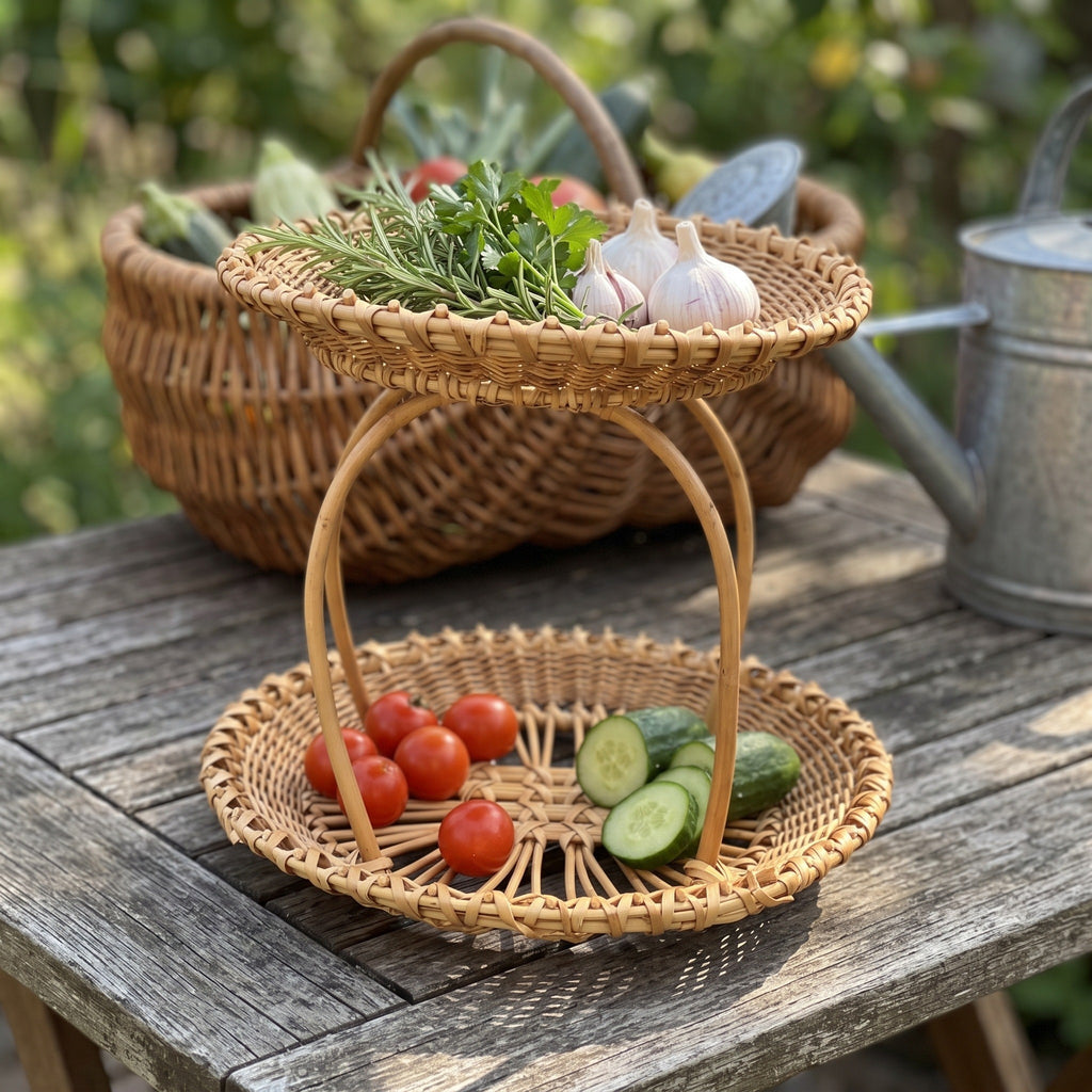Two-tier handwoven willow stand with fresh herbs and garlic on top and tomatoes and cucumber below on a garden table