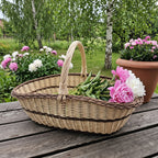 Extra large willow trug basket with a twisted handle holding fresh peonies on a garden table in a summer garden with birch trees