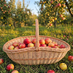Extra large willow garden trug and firewood basket with a tall handle, filled with freshly picked apples on the grass of a sunny apple orchard.