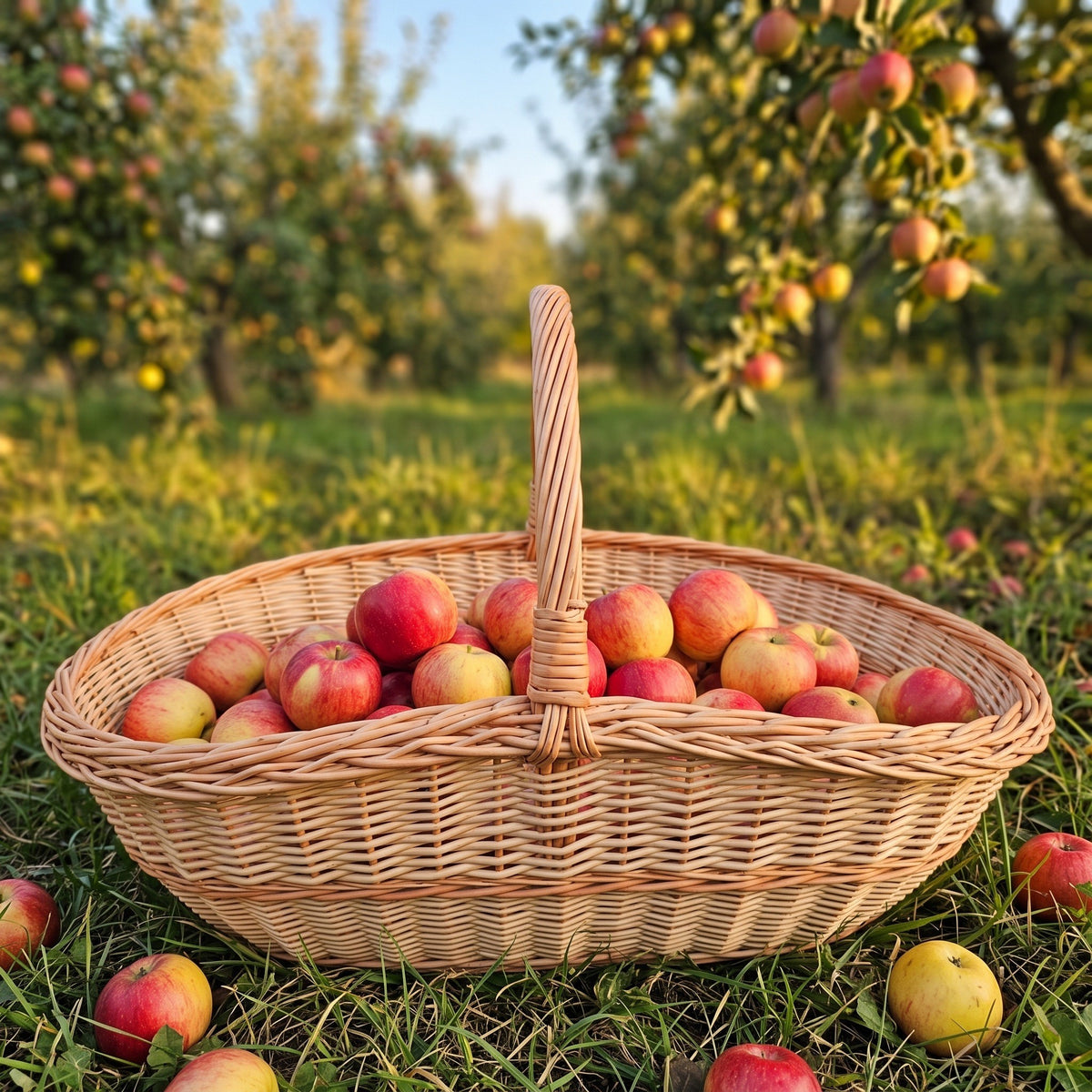 Extra large willow garden trug and firewood basket with a tall handle, filled with freshly picked apples on the grass of a sunny apple orchard.