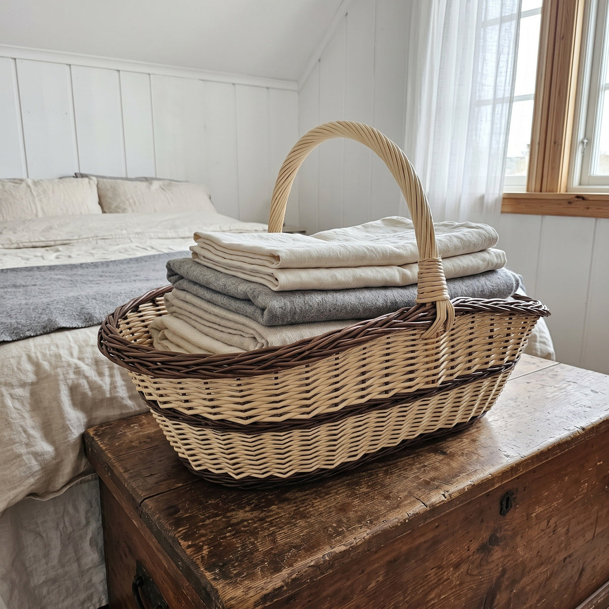 Extra large wicker trug with handle used as a linen basket for folded sheets and blankets on a wooden chest in a bedroom