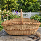 Extra large handwoven wicker trug on a weathered garden table beside twine and pruning shears, a cottage flower garden and picket fence behind.