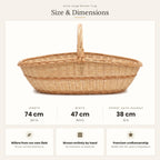 Size chart for the extra large wicker trug showing 74 cm length, 47 cm width and 38 cm height with handle.