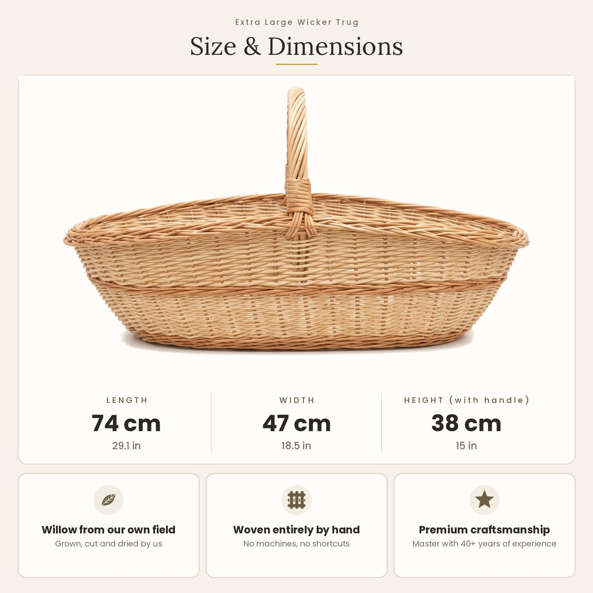 Size chart for the extra large wicker trug showing 74 cm length, 47 cm width and 38 cm height with handle.