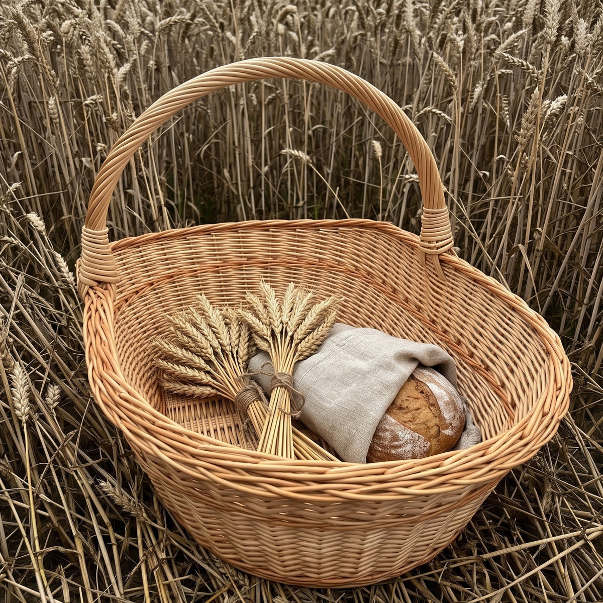 Large willow harvest basket holding a sheaf of wheat and a loaf of bread wrapped in linen in a ripe wheat field.