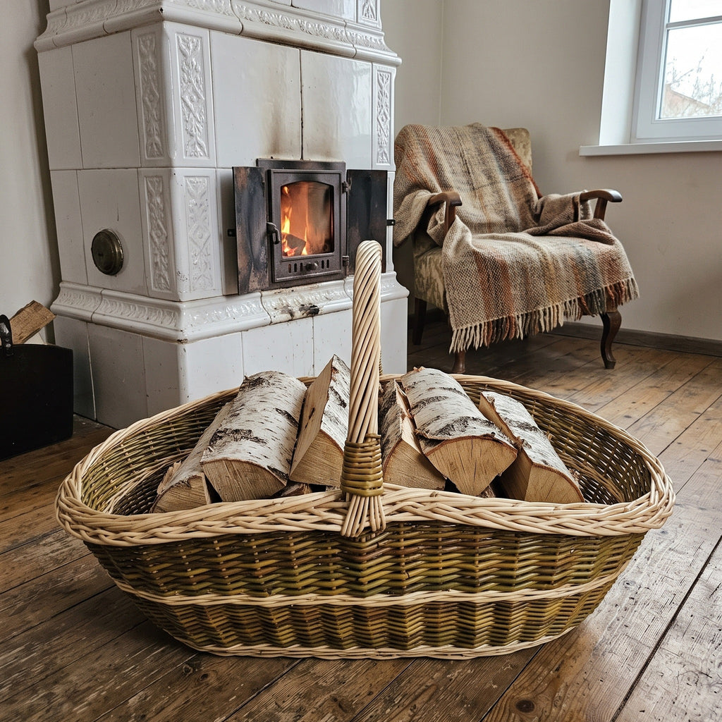 Handwoven willow log basket filled with split firewood, standing on a wooden floor in front of a tiled stove with a crackling fire.