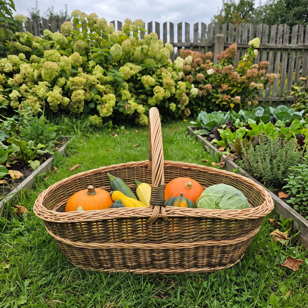 Wicker harvest basket with an arched handle filled with pumpkins, squash and cabbage, set on the grass in a vegetable garden by hydrangeas.