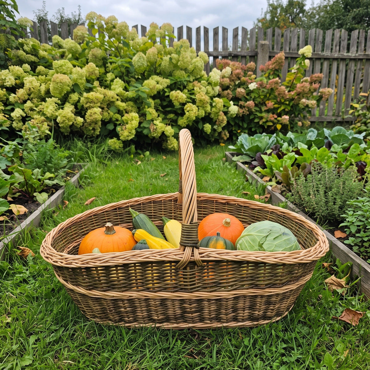 Wicker harvest basket with an arched handle filled with pumpkins, squash and cabbage, set on the grass in a vegetable garden by hydrangeas.
