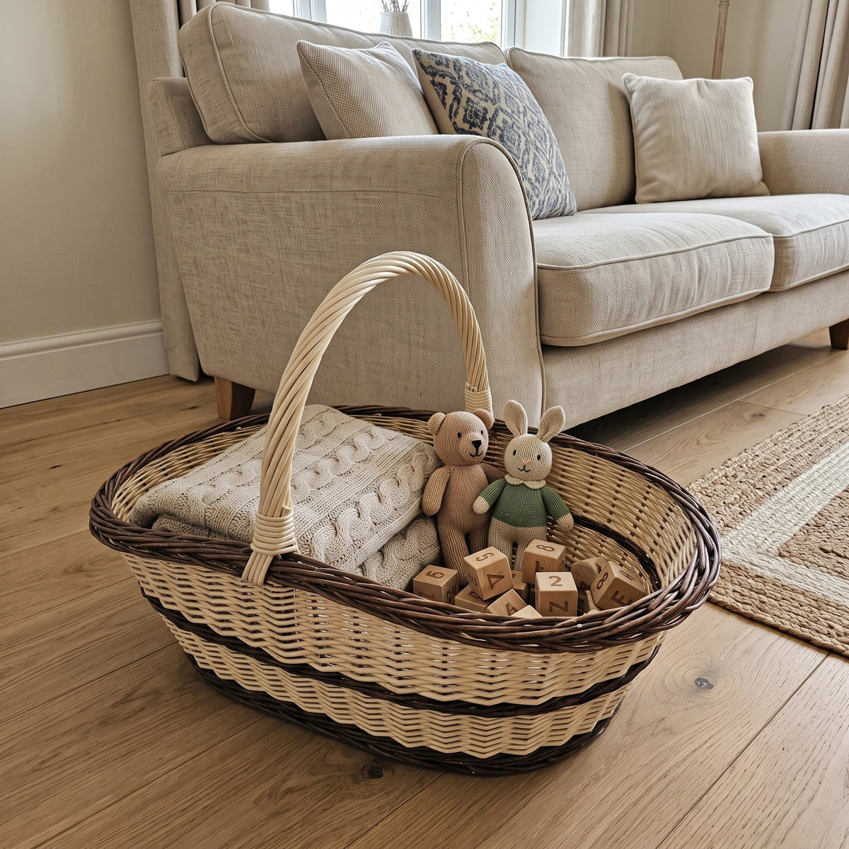Extra large willow trug with handle used as a toy and blanket basket beside a sofa, with teddy bears and wooden blocks