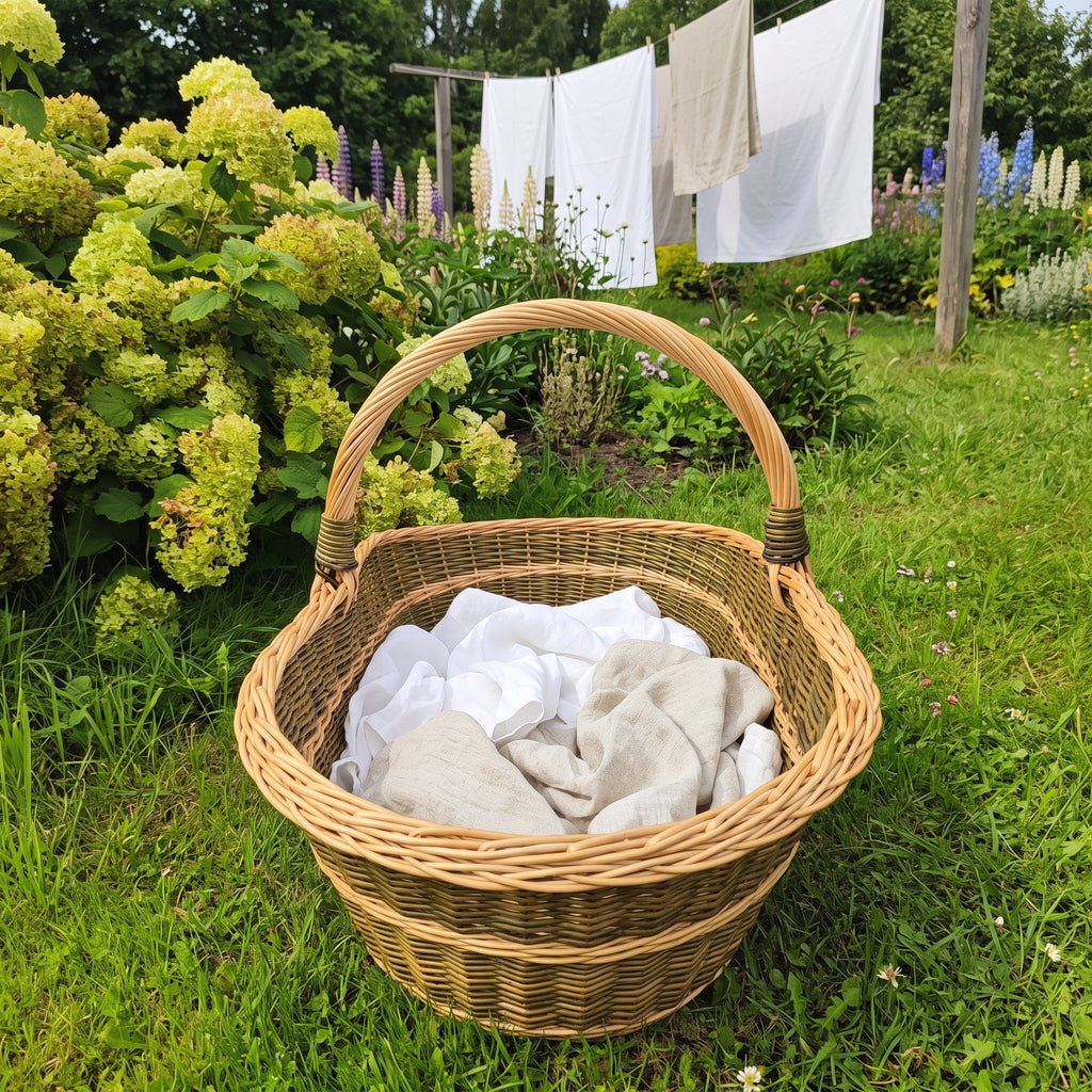 Large handwoven willow basket with a tall arched handle holding folded white linen on the lawn beside a washing line in a summer garden.
