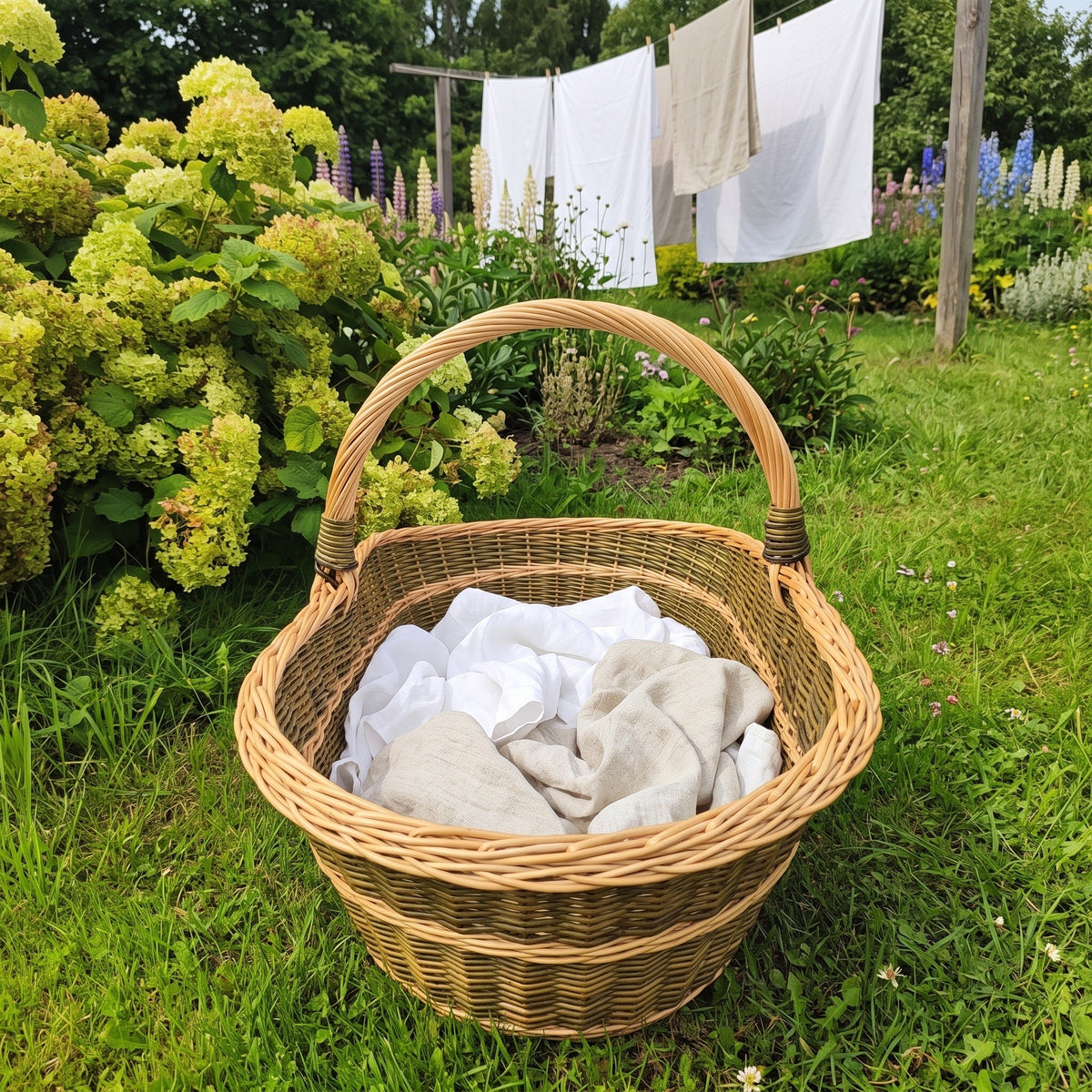 Large handwoven willow basket with a tall arched handle holding folded white linen on the lawn beside a washing line in a summer garden.