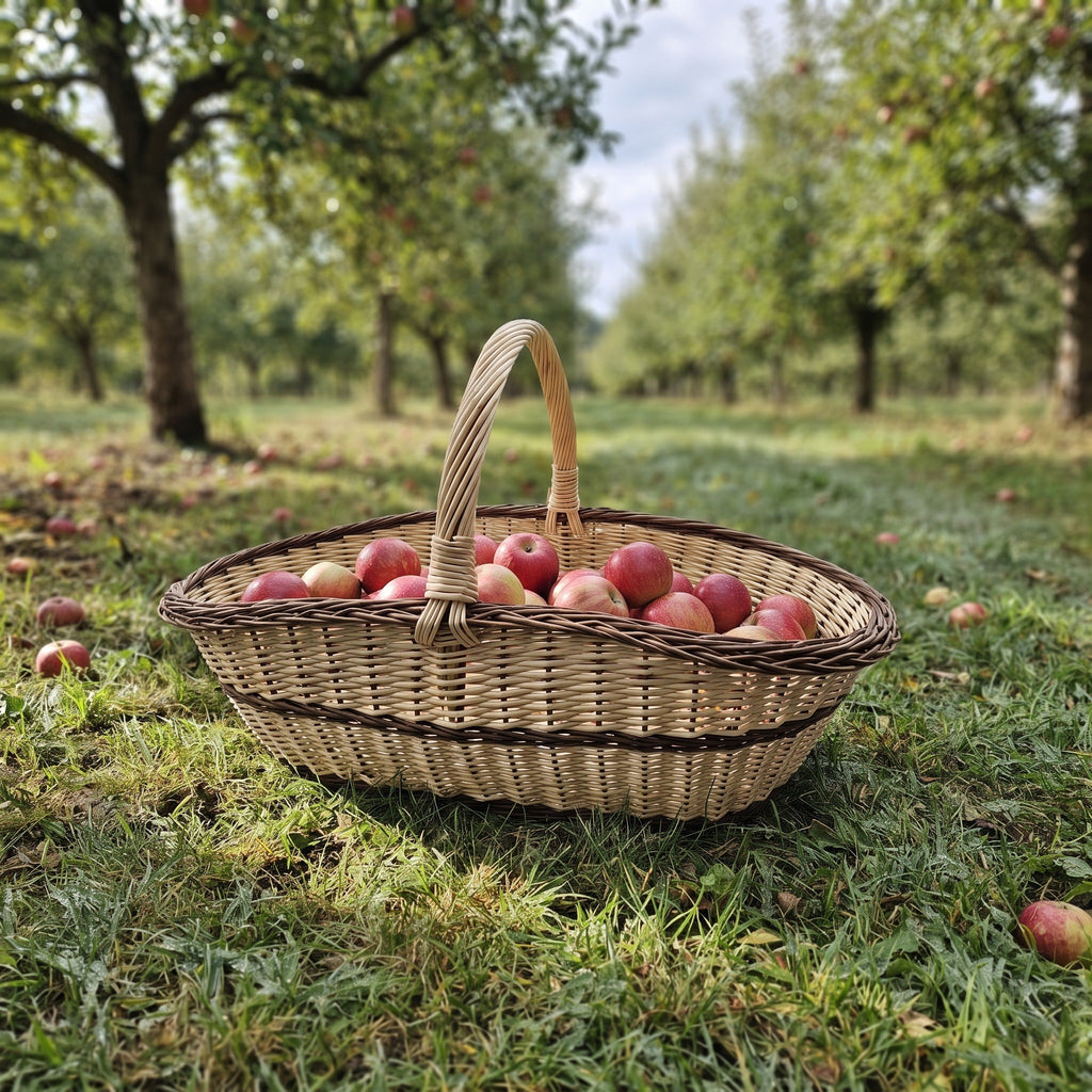 Extra large willow trug basket with handle filled with red apples on the grass in an orchard, ready for fruit picking