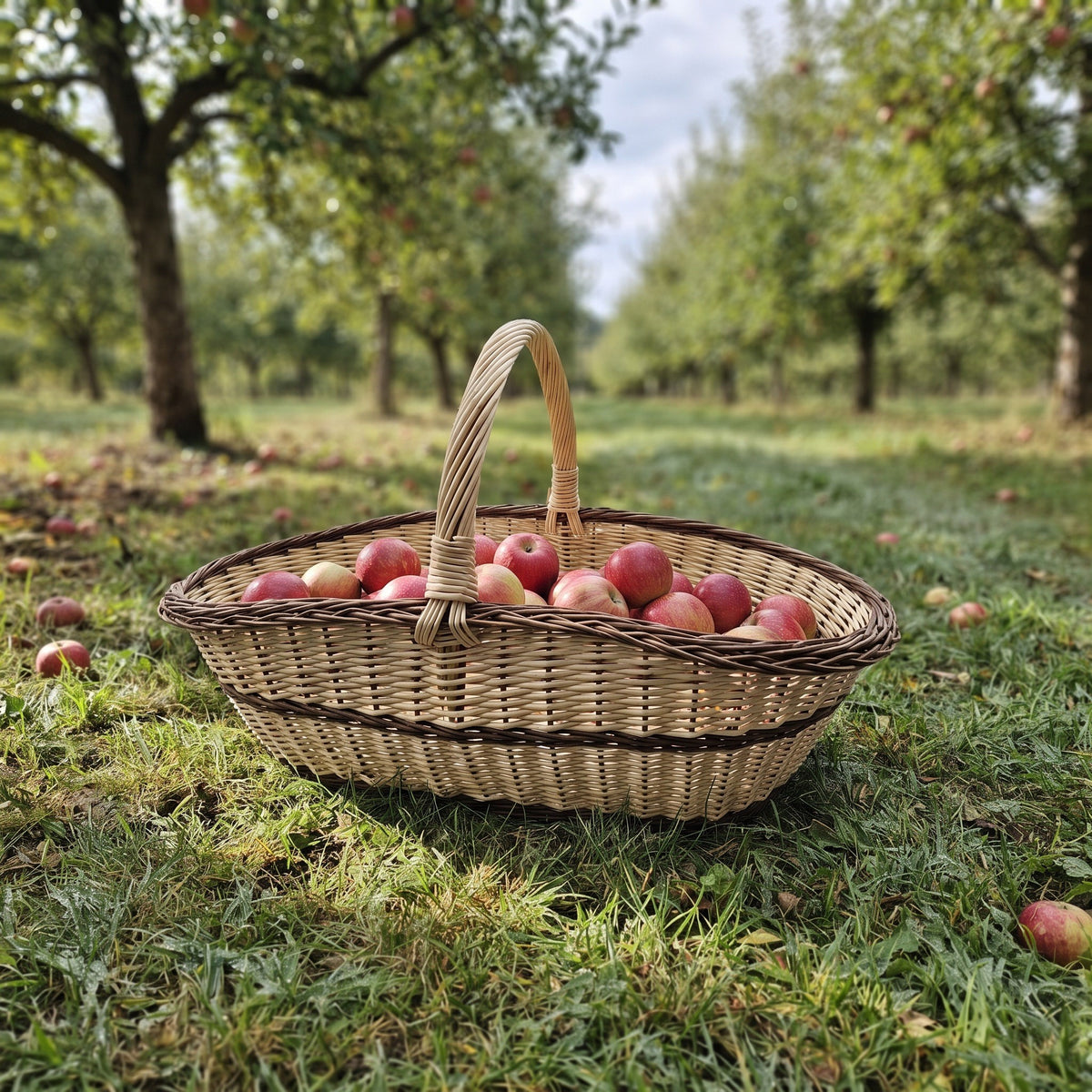 Extra large willow trug basket with handle filled with red apples on the grass in an orchard, ready for fruit picking