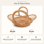 Size chart for the round handwoven willow fruit bowl with handles showing 23 cm diameter and 13 cm height