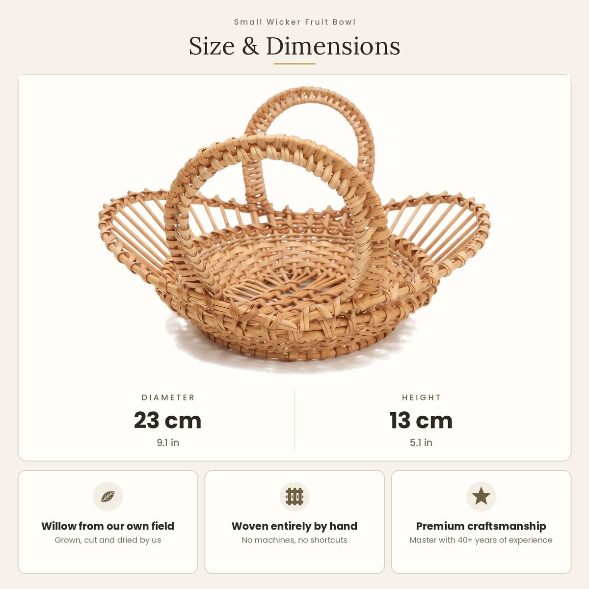 Size chart for the round handwoven willow fruit bowl with handles showing 23 cm diameter and 13 cm height